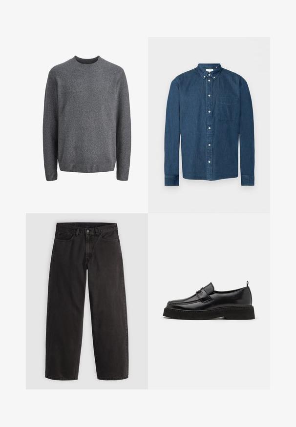 Mørkegrå crewneck uldtrøje med lange ærmer og ribbet kant ved manchetter, halsudskæring og skørt.; Mørkeblå denimskjorte med knapper, lange ærmer, en forlommer til venstre og en knaplukket krave, vist på en hvid baggrund.; Sorte denimjeans med lige ben, fem lommer og bæltestropper, vist fladt på en ensartet lys baggrund.; Sorte læder loafersko i stil med flad, tekstureret sål, med en syet tå og en rem over vristen.