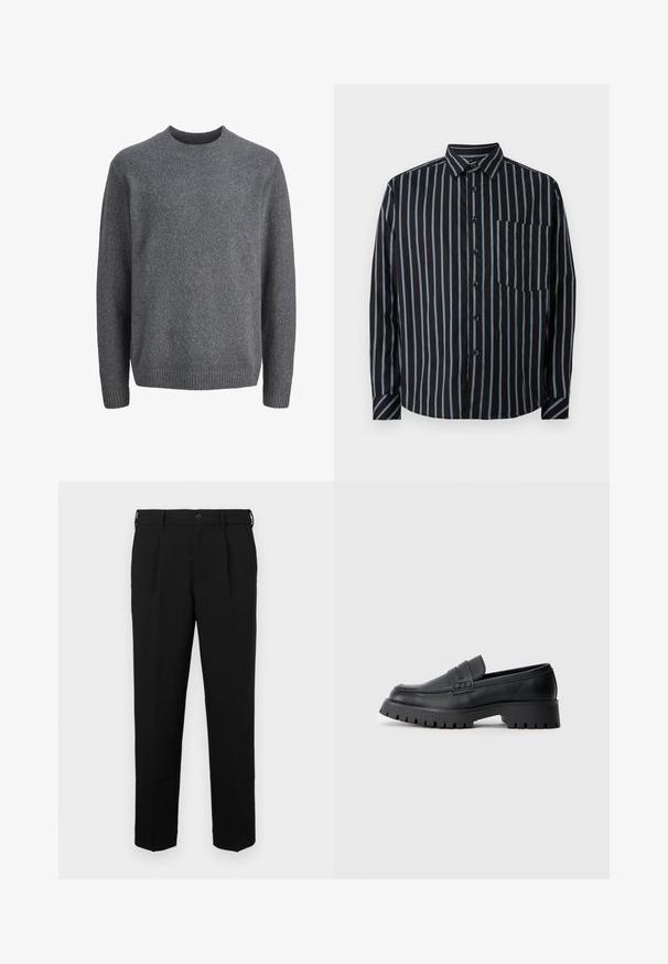 Pull en laine gris foncé à col rond avec manches longues et poignets, col et ourlet côtelés.; Chemise noire à boutons avec des rayures verticales bleues, manches longues, col et poche poitrine. Tissu lisse, coupe décontractée, boutons standard.; Pantalon noir à coupe droite, avec fermeture à bouton, passants de ceinture, plis latéraux et texture lisse. Pas de poches visibles.; Mocassins en cuir noir avec un bout arrondi, présentant une sangle décorative et une semelle en caoutchouc épaisse avec de profonds crampons pour une meilleure adhérence.