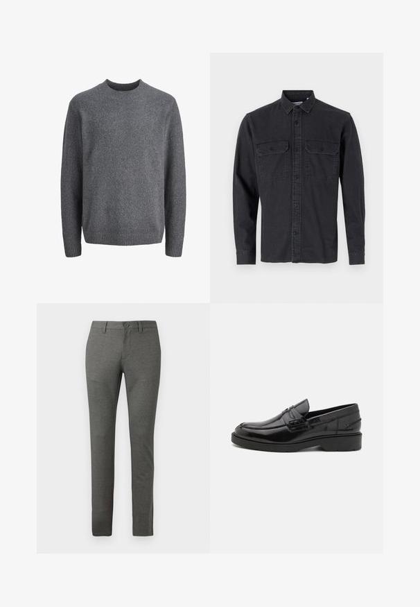 Mørkegrå crewneck uldtrøje med lange ærmer og ribbet kant ved manchetter, halsudskæring og skørt.; Langærmet, mørkegrå knap-up skjorte lavet af bomuldsblanding, med to brystlommer og klassisk krave-design.; Grå skræddersyede bukser med en struktureret overflade, slim fit design, forlommer og en enkelt knaplukning i taljen.; Sorte læder loafers med en glat finish, rund tå, lav hæl og dekorativ syning langs forsiden. Gummisål for godt greb.
