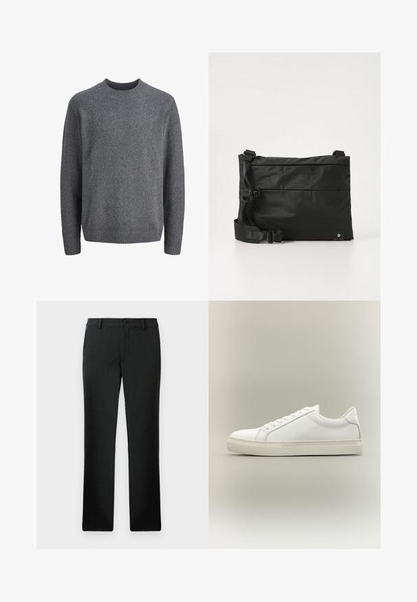 Pull en laine gris foncé à col rond avec manches longues et poignets, col et ourlet côtelés.; Pantalon noir droit sur mesure avec passants de ceinture, bouton devant et fermeture éclair, présenté à plat sur fond blanc.; Baskets blanches basses à lacets sur l’avant et semelle épaisse, vues de côté sur un fond neutre.; Sac messager en nylon noir avec une sangle réglable, un design plat et une étiquette latérale arborant un logo. Texture lisse et style minimaliste.