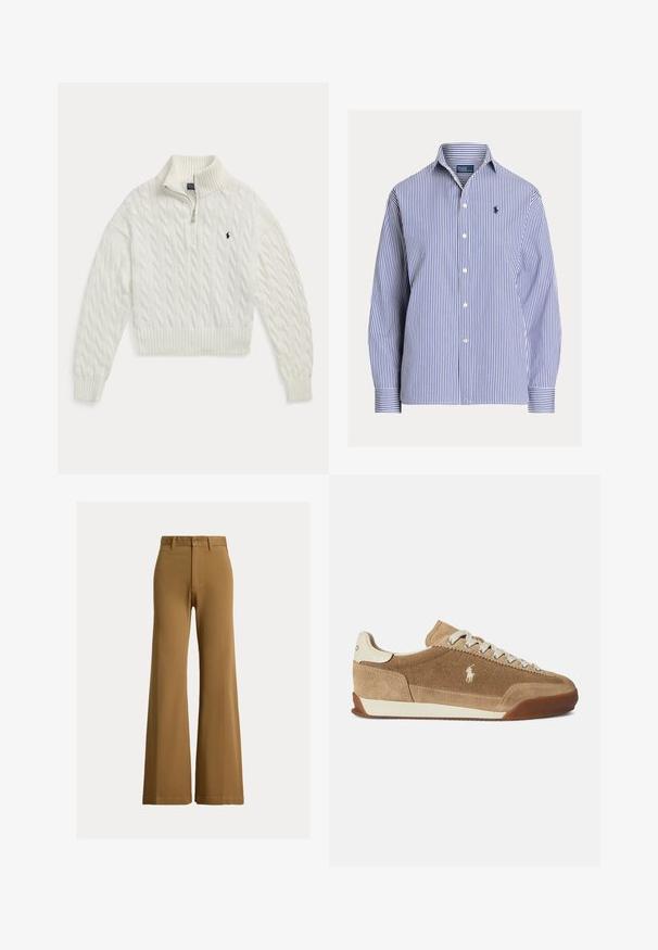 Pull blanc en maille torsadée à demi-fermeture éclair avec col, poignets et bas en côtes, présentant un petit logo cheval brodé foncé sur la poitrine.; Chemise à manches longues à rayures verticales bleues et blanches, avec col et petit logo brodé sur la poitrine gauche.; Pantalon marron taille haute à jambes larges avec passants de ceinture, bouton frontal et fermeture éclair sur fond clair.; Baskets en daim marron clair à profil bas, accents crème, design à lacets, et semelle extérieure en caoutchouc. Présentent un petit logo sur le côté.