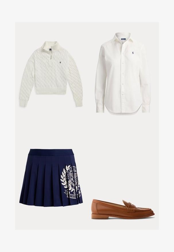 Witte kabelgebreide trui met halve ritssluiting, geribde kraag, manchetten en zoom, met een klein donker geborduurd paardenlogo op de borst.; Witte blouse met lange mouwen, knopen, kraag en klein blauw logo van een polospeler op de linkerborst.; Marineblauwe geplooide rok met brede tailleband en wit tennis-thema wapenlogo aan de rechteronderkant.; Bruine leren loafer met lage houten hak, klassieke pennyriem en gestikte details langs de neus en zijkanten.