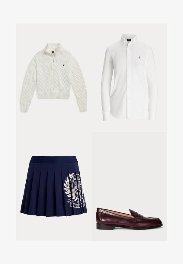 Hvid kabelstrikket sweater med halv lynlås, ribkrave, manchetter og kant, med en lille mørk broderet hestelogo på brystet.; Hvid skjorte med lange ærmer og knapper, med knaplukket krave og lille broderet polo-spillerlogo på brystet.; Marineblå plisseret nederdel med bred linning og hvid tennisinspireret logo på nederste højre side.; Bordeaux lær loafers med en glat finish, rund tå, dekorativ syning og en lav hæl. Indersiden har en blød beige foring.