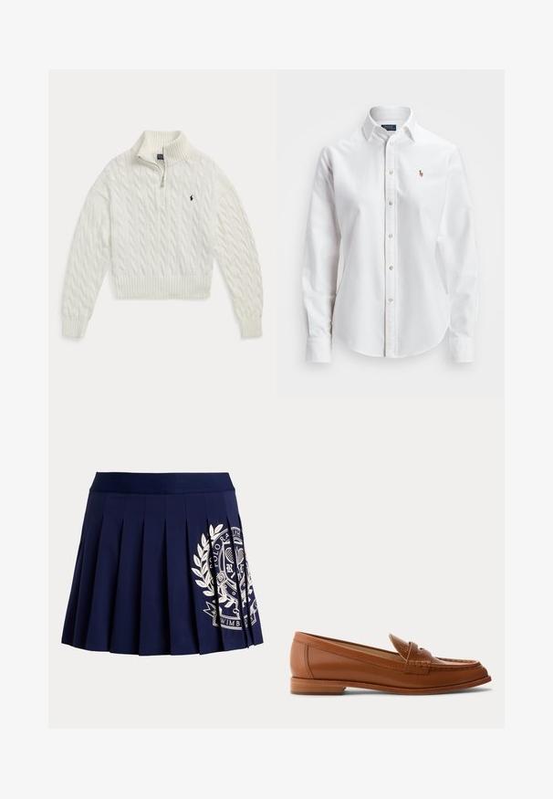 Witte kabelgebreide trui met halve ritssluiting, geribde kraag, manchetten en zoom, met een klein donker geborduurd paardenlogo op de borst.; Witte, lange mouwen, button-up overhemd van katoen, met een klassieke kraag en een klein geborduurd logo op de borst.; Marineblauwe geplooide rok met brede tailleband en wit tennis-thema wapenlogo aan de rechteronderkant.; Bruine leren loafer met lage houten hak, klassieke pennyriem en gestikte details langs de neus en zijkanten.