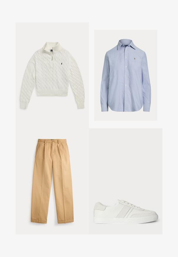 Hvid kabelstrikket sweater med halv lynlås, ribkrave, manchetter og kant, med en lille mørk broderet hestelogo på brystet.; Lyseblå skjorte med lange ærmer og knapper, med spids krave og lille broderet logo på venstre bryst.; Beige bukser med lige ben, lukning med knap og lynlås, forlommer, bæltestropper og pressede folder ned langs benene.; Hvid sneakers med en glat læderoverdel, suedet detaljer og flade snørebånd. Har en tekstureret gummisål og et minimalistisk design.
