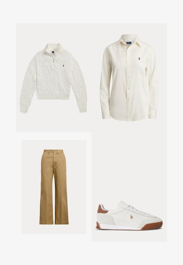 Jersey blanco de punto trenzado con cremallera hasta la mitad, con cuello, puños y bajo acanalados, con un pequeño logo bordado de un caballo oscuro en el pecho.; Camisa de manga larga color crema con botones, cuello y pequeño logotipo de caballo bordado en azul marino en el lado izquierdo del pecho.; Pantalones de pierna ancha en color tostado con pliegues delanteros, trabillas para cinturón y cierre con botón sobre un fondo liso y claro.; Zapatilla blanca de corte bajo con acentos de ante marrón en el talón y la puntera, cordones blancos y un pequeño logo marrón bordado en el lateral.