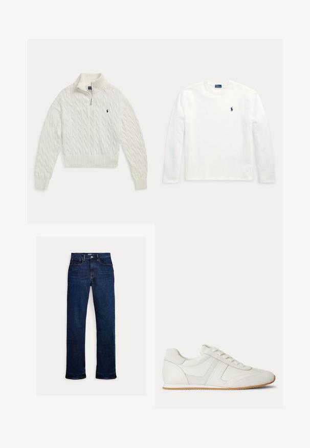 Jersey blanco de punto trenzado con cremallera hasta la mitad, con cuello, puños y bajo acanalados, con un pequeño logo bordado de un caballo oscuro en el pecho.; Camiseta blanca de manga larga con cuello redondo y pequeño logo bordado en azul oscuro de un caballo y jinete en el pecho izquierdo.; Vaqueros de mezclilla azul oscuro de pernera recta con botón y cremallera delanteros, diseño de cinco bolsillos y detalles de costuras visibles.; Zapatilla blanca de corte bajo con cordones en la parte frontal, paneles de ante y cuero, y una suela de goma marrón claro sobre un fondo blanco.