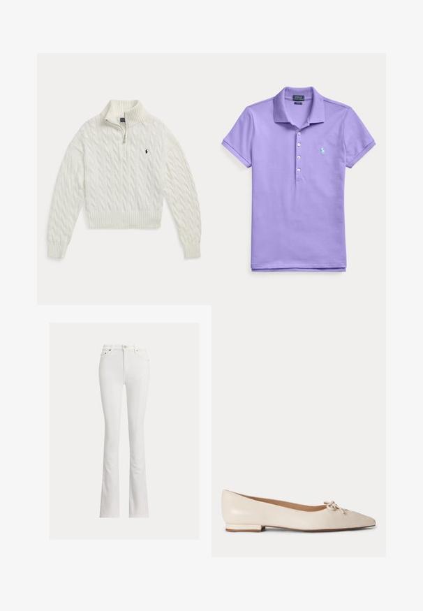 Pull blanc en maille torsadée à demi-fermeture éclair avec col, poignets et bas en côtes, présentant un petit logo cheval brodé foncé sur la poitrine.; Polo à manches courtes violet clair avec col, quatre boutons blancs et un petit logo brodé de cheval bleu clair sur la poitrine gauche.; Jean blanc évasé en tissu mélangé coton. Caractéristiques : taille haute, poches avant et fermeture éclair à bouton. Texture lisse sans motifs.; Chaussure plate en cuir beige avec un petit talon et une décoration en nœud noué sur l’orteil pointu, montrée de profil sur fond blanc.