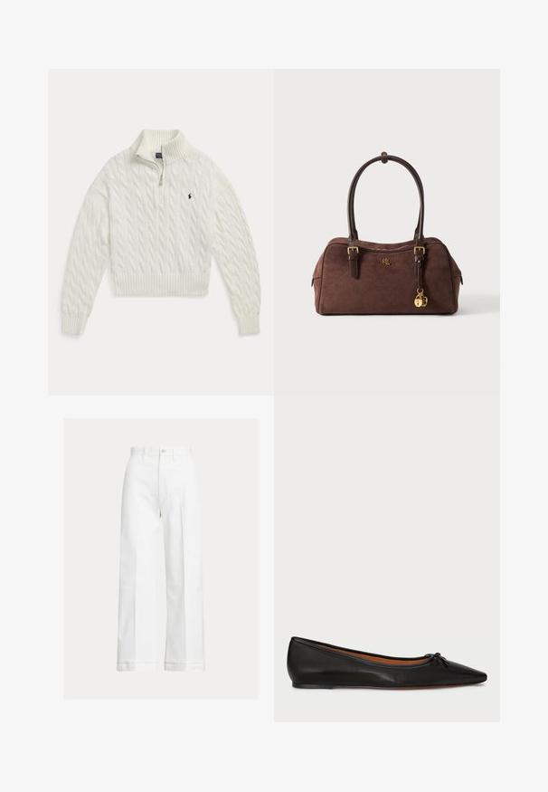 Pull blanc en maille torsadée à demi-fermeture éclair avec col, poignets et bas en côtes, présentant un petit logo cheval brodé foncé sur la poitrine.; Pantalon blanc à jambes larges en coton, avec une taille haute, une fermeture par boutons et de fines plis discrets courant à l'avant.; Ballet flat en cuir noir avec un bout pointu, une silhouette élancée et un petit nœud à l'avant. Texture lisse et design minimal.; Sac à main en cuir marron avec doubles poignées, breloque en forme de cadenas doré et logo "RL" à l'avant, sur un fond clair uni.