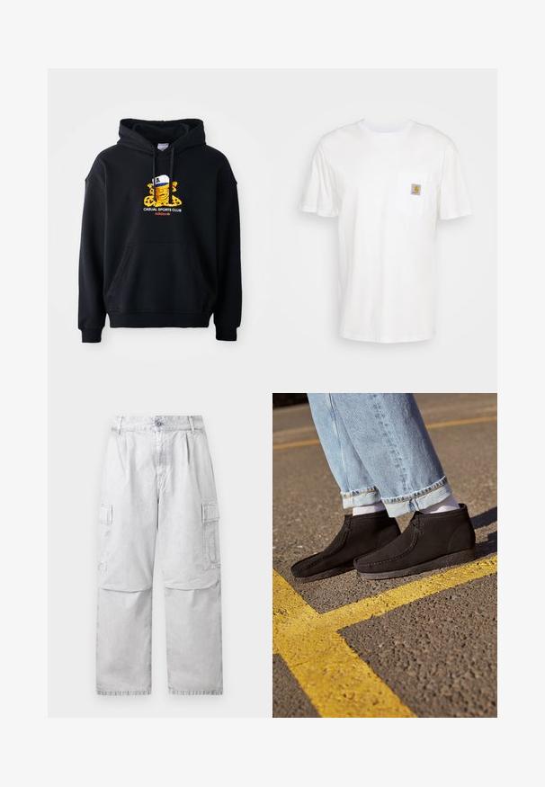 Zwarte hoodie van katoen, met een kleurrafgrafiek van een personage met een pet. Inclusief een voorste kangoeroezak en geribde manchetten.; Witte katoenen t-shirt met korte mouwen, een borstzak en een klein vierkant logo-opdruk in oranje en wit op de zak.; Lichtgrijze cargobroek met knoop- en ritssluiting, zijzakken met kleppen en een rechte pijp.; Zwarte suède enkellaarsjes met een gladde textuur, een gebogen neus en gestikte details. Combinatie met lichtblauwe opgerolde jeans en witte sokken.