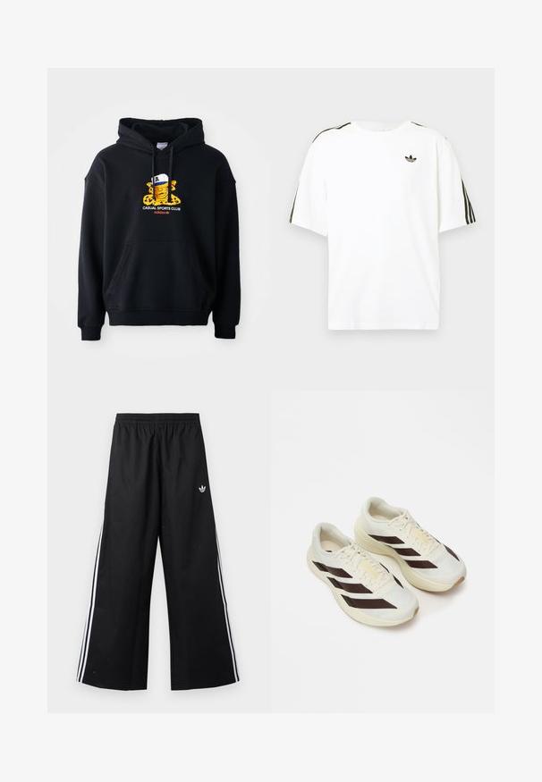 Schwarzer Kapuzenpullover aus Baumwolle, mit einem bunten Grafikmotiv eines Charakters mit einer Mütze. Enthält eine vordere Kängurutasche und gerippte Bündchen.; Weißes Baumwoll-T-Shirt mit kurzen Ärmeln, ausgestattet mit schwarzen drei Streifen-Akzenten an den Schultern und einem kleinen schwarzen Logo auf der Brust.; Schwarze weite Trainingshose mit elastischem Bund, weißen Seitenstreifen und kleinem Adidas-Trefoil-Logo an der rechten Hüfte.; Helle Laufcremeschuhe mit dunkelbraunen diagonalen Streifen, strukturiertem Mesh-Obermaterial und gepolsteter Sohle. Mit gelbem "ADIZERO" Branding.