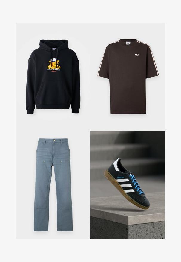 Schwarzer Kapuzenpullover aus Baumwolle, mit einem bunten Grafikmotiv eines Charakters mit einer Mütze. Enthält eine vordere Kängurutasche und gerippte Bündchen.; Braunes Baumwoll-T-Shirt mit kurzen Ärmeln, das weiße Streifen auf den Schultern und ein kleines weißes Logo auf der Brust zeigt.; Blaue gerade geschnittene Denim-Hosen mit hoher Taille, vorderen Taschen und verstärkten Nähten an Oberschenkeln und Knien, flach auf einem weißen Hintergrund liegend.; Schwarzer Adidas-Sneaker mit weißen Streifen, blauen Schnürsenkeln und Gummisohle, der über einer grauen Betontreppe im weichen Licht schwebt.