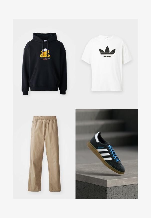 Mustamüts, mis on valmistatud puuvillast, sisaldab värvilist graafikat isikust mütsiga. Sellel on ees kangaroo tasku ja soonikud. ; Valge puuvillane T-särk, millel on suur must Adidas trefoil logo ja kolm horisontaalset riba all. Lühikesed varrukad, ümmargune kaelus.; Beežid, kerged püksid elastse vöökohaga, sirgete säärte ja küljetaskutega. Sile tekstuur peente õmblusedetailidega.; Must Adidas toss valgete triibu, siniste paelte ja kummist tallaga, hõljuv pehme valgusega halli betoonastme kohal.