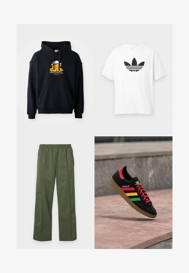 Mustamüts, mis on valmistatud puuvillast, sisaldab värvilist graafikat isikust mütsiga. Sellel on ees kangaroo tasku ja soonikud. ; Valge puuvillane T-särk, millel on suur must Adidas trefoil logo ja kolm horisontaalset riba all. Lühikesed varrukad, ümmargune kaelus.; Rohelised, kergekaalulised, laiade sääreosadega püksid, millel on elastne vöökoht ja küljetaskud. Sile tekstuur ja lõdvestunud lõige, mugavaks kandmiseks.; Must Adidas Spezial tossud punaste, kollaste ja roheliste triipude, punaste paelte, kummist tallaga ja punase kontsaga detailiga, kujutatud õhus tänava kohal hõljuvana.