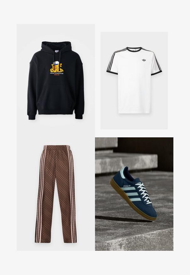 Schwarzer Kapuzenpullover aus Baumwolle, mit einem bunten Grafikmotiv eines Charakters mit einer Mütze. Enthält eine vordere Kängurutasche und gerippte Bündchen.; Weißes Baumwoll-T-Shirt mit schwarzem Rippenkragen und Ärmeln, mit drei schwarzen Streifen auf jeder Schulter und einem kleinen Logo auf der Brust.; Braune Jogginghose mit hellrosa vertikalen Streifen an den Seiten und einem sich wiederholenden Blattmuster überall, elastischer Bund, gerade Beinform.; Blauer Adidas Spezial Sneaker mit weißen Streifen und Schnürsenkeln, Gummisohle, schwebend über rauer Betonoberfläche und Treppen im Hintergrund.
