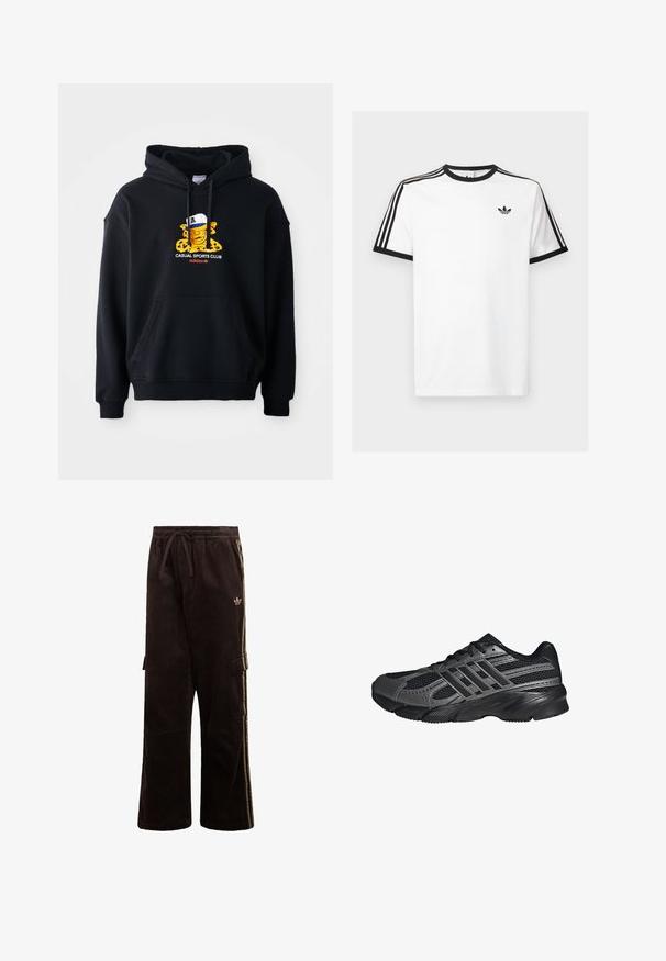 Zwarte hoodie van katoen, met een kleurrafgrafiek van een personage met een pet. Inclusief een voorste kangoeroezak en geribde manchetten.; Witte katoenen t-shirt met zwart geribde halslijn en mouwen, met drie zwarte strepen op elke schouder en een klein logo op de borst.; Donkerbruine corduroy broek met beige zijstrepen, een elastische tailleband met trekkoord, cargozakken en een klein Adidas-logo op het bovenbeen.; Zwarte sportschoenen gemaakt van mesh en synthetische materialen, met een getextureerd oppervlak, meerdere grijze strepen en een gevoerde kraag.