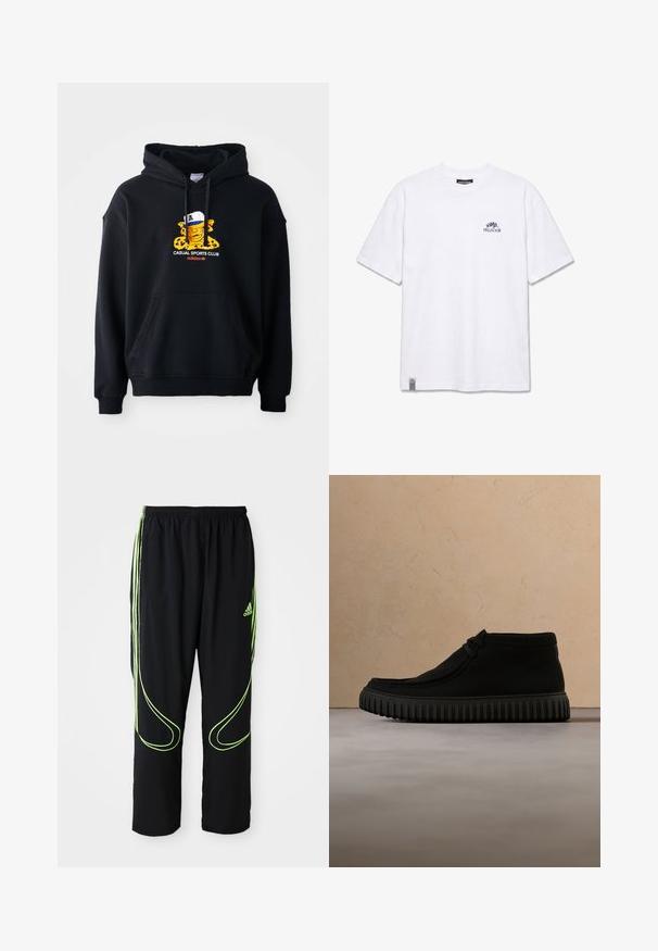Sort hættetrøje i bomuld, prydet med et farverigt grafik af en karakter med kasket. Inkluderer en frontkangaroo-lomme og ribbestrikkede manchetter.; Hvid T-shirt med korte ærmer med lille sort "PEGADOR"-logo og bladmotiv på øverste venstre bryst og en lille label ved nederste kant.; Sorte Adidas sportbukser med neongrønne buede linjer og tre striber på siderne, elastisk livrem og Adidas-logo på forsiden af låret.; Sorte ankelstøvler lavet af blødt materiale, med rund tå, minimal snøring og en tekstureret gummisål med lodrette riller.
