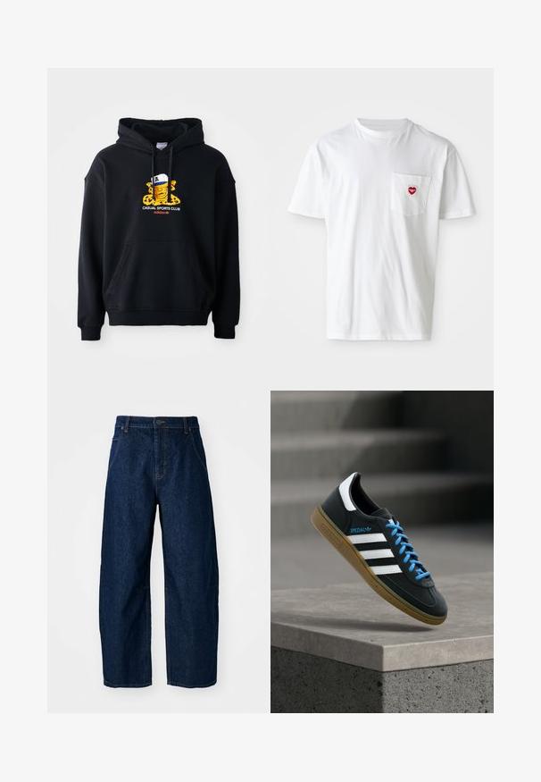 Schwarzer Kapuzenpullover aus Baumwolle, mit einem bunten Grafikmotiv eines Charakters mit einer Mütze. Enthält eine vordere Kängurutasche und gerippte Bündchen.; Weißes Baumwoll-T-Shirt mit rundem Halsausschnitt und kurzen Ärmeln. Verfügt über ein kleines rotes Herzlogo auf der linken Brusttasche.; Hellebeine Jeans aus dunklem Denim mit hoher Taille, fünf Taschen, vorderem Knopfverschluss und sichtbaren Nähten.; Schwarzer Adidas-Sneaker mit weißen Streifen, blauen Schnürsenkeln und Gummisohle, der über einer grauen Betontreppe im weichen Licht schwebt.
