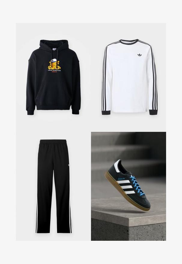 Mustamüts, mis on valmistatud puuvillast, sisaldab värvilist graafikat isikust mütsiga. Sellel on ees kangaroo tasku ja soonikud. ; Valge pika varrukaga Adidas särk musta ümarkaeluse, mustade varrukaäärte ning kolme musta triibuga varrukatel ja musta kolmelehelogo rinnal.; Mustad spordipüksid võrgukangast, sirge lõikega, elastse vöökohaga ja valgete küljeribadega. Spordilogo on nähtav.; Must Adidas toss valgete triibu, siniste paelte ja kummist tallaga, hõljuv pehme valgusega halli betoonastme kohal.