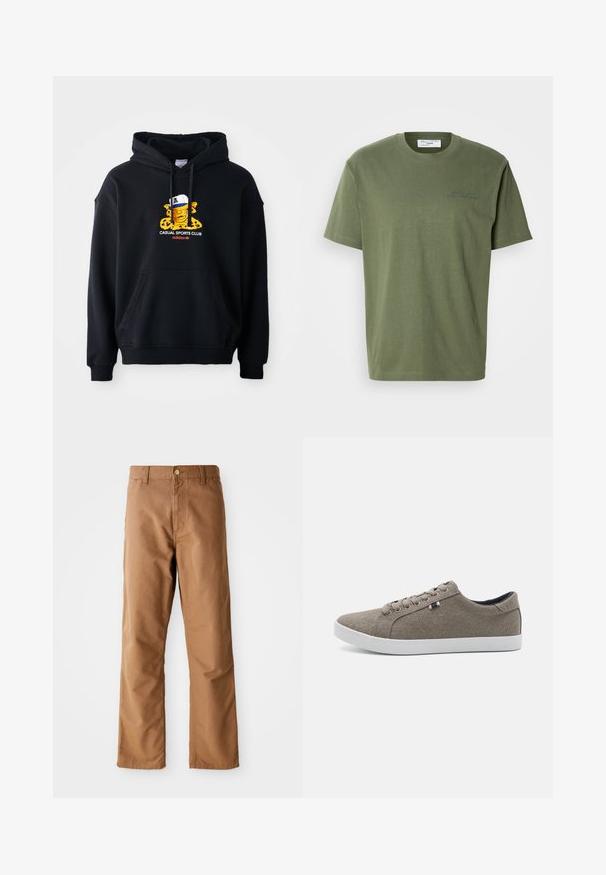 Schwarzer Kapuzenpullover aus Baumwolle, mit einem bunten Grafikmotiv eines Charakters mit einer Mütze. Enthält eine vordere Kängurutasche und gerippte Bündchen.; Olivegrünes Baumwoll-T-Shirt mit kurzen Ärmeln, rundem Halsausschnitt und dezentem blauem Logotext auf der Vorderseite.; Braune gerade geschnittene Hosen mit Gürtelschlaufen, Vordertaschen, Knopfverschluss und Reißverschluss vor einem weißen Hintergrund.; Braune Canvas-Sneaker mit runder Zehenpartie, weißer Gummisohle und fünf Ösen. Mit einem kleinen dreifarbigen Akzent an der Seite.