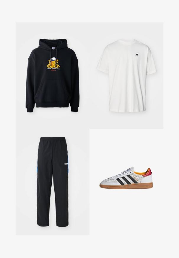 Schwarzer Kapuzenpullover aus Baumwolle, mit einem bunten Grafikmotiv eines Charakters mit einer Mütze. Enthält eine vordere Kängurutasche und gerippte Bündchen.; Weißes Baumwoll-T-Shirt mit kurzen Ärmeln, Rundhalsausschnitt und kleinem schwarzem Adidas-Logo auf der linken Brust. Weicher Stoff, lässige Passform.; Schwarze Sporthose mit elastischem Bund, ausgestattet mit blauen und weißen grafischen Akzenten an den Seiten und einem gestickten Logo.; Weißer Adidas Spezial Sneaker mit schwarzen Streifen, Gummisohle, gestepptem Muster, rotem Fersenlaschen und gelber Innenausstattung, Seitenansicht.