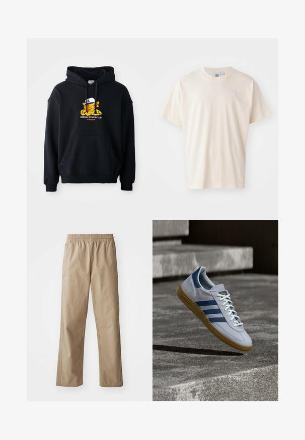 Schwarzer Kapuzenpullover aus Baumwolle, mit einem bunten Grafikmotiv eines Charakters mit einer Mütze. Enthält eine vordere Kängurutasche und gerippte Bündchen.; Cremfarbene Baumwoll-T-Shirt mit rundem Halsauschnitt und kurzen Ärmeln; verfügt über ein kleines, helles Logo auf der Brust.; Beige, leichte Hose mit elastischem Bund, geraden Beinen und Seitentaschen. Glatte Textur mit dezenten Steppnähten.; Hellblauer Adidas Spezial Sneaker mit dunkelblauen Streifen und Gummisohle, in der Luft über Betontreppen in neutralem Außenbereich gezeigt.