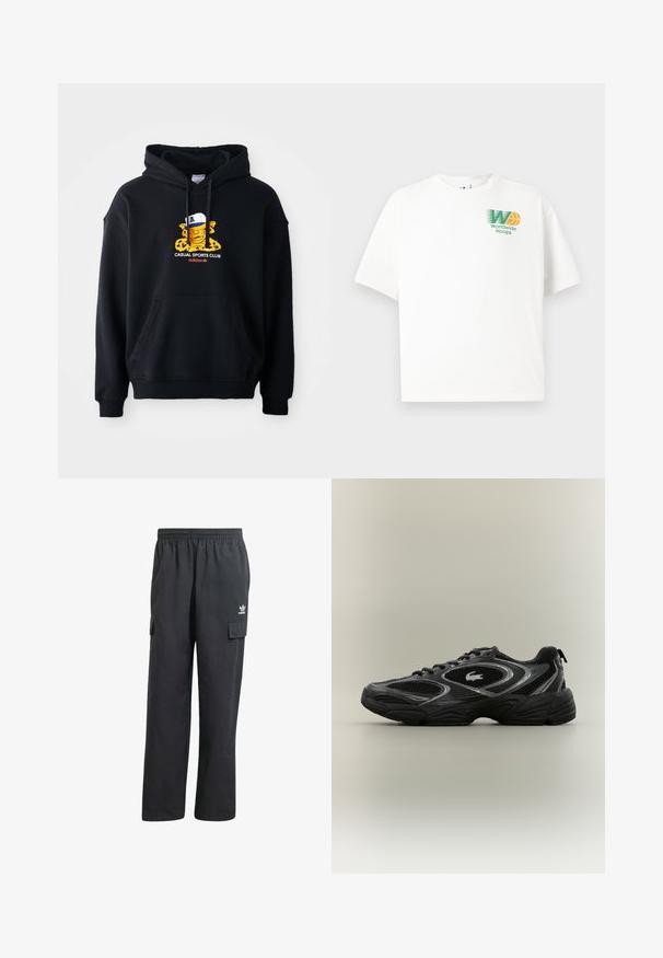 Schwarzer Kapuzenpullover aus Baumwolle, mit einem bunten Grafikmotiv eines Charakters mit einer Mütze. Enthält eine vordere Kängurutasche und gerippte Bündchen.; Weißes Baumwoll-T-Shirt mit einer lockeren Passform. Mit einem grünen und orangefarbenen Grafiklogo auf der linken Brust, das "Worldwide Hoops" liest.; Schwarze Cargo-Hosen mit einem elastischen Bund, zwei Seitentaschen und einem dezenten Logo auf dem linken Oberschenkel. Hergestellt aus einem leichten Stoff.; Schwarzer und grauer Sportschuh mit Netzpaneelen, Schnürdesign, dicker Sohle und einem kleinen Krokodil-Logo an der Seite.