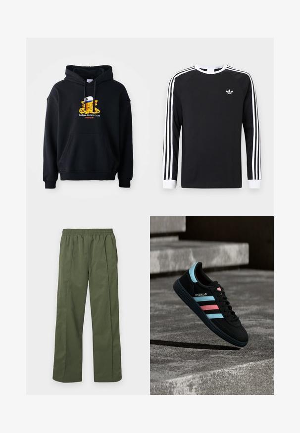 Schwarzer Kapuzenpullover aus Baumwolle, mit einem bunten Grafikmotiv eines Charakters mit einer Mütze. Enthält eine vordere Kängurutasche und gerippte Bündchen.; Schwarzes langärmeliges T-Shirt mit weißem Drei-Streifen-Design an den Ärmeln. Mit rundem Ausschnitt und kleinem weißem Logo auf der Brust.; Grüne, leichte, weit geschnittene Hose mit elastischem Bund und Seitentaschen. Glatte Textur mit lockerem Sitz, entworfen für Komfort.; Schwarzer Adidas Spezial Sneaker mit blauen und pinken Streifen, der über einer strukturierten grauen Betonoberfläche mit Schatten darunter schwebt.