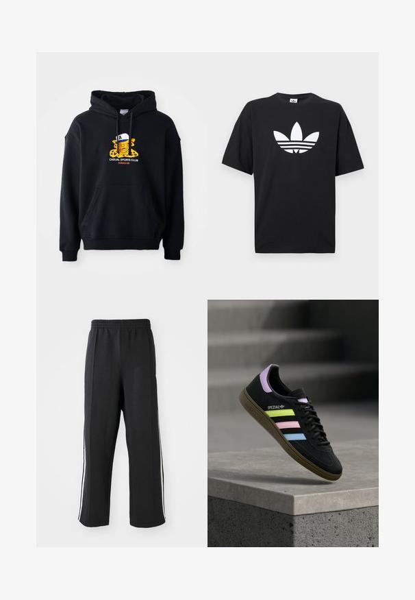 Zwarte hoodie van katoen, met een kleurrafgrafiek van een personage met een pet. Inclusief een voorste kangoeroezak en geribde manchetten.; Zwarte katoenen T-shirt met korte mouwen, voorzien van een groot wit Adidas-logo en drie horizontale strepen aan de onderkant. Klassiek ontwerp met ronde hals.; Zwarte trainingsbroek met een elastische tailleband, voorzien van witte zijstrepen en een relaxte pasvorm. Gemaakt van zachte, rekbare stof.; Zwarte Adidas Spezial sneaker met pastelgele, roze en blauwe strepen, lavendelkleurig hielhaakje en bruine zool, zwevend boven een betonnen richel.