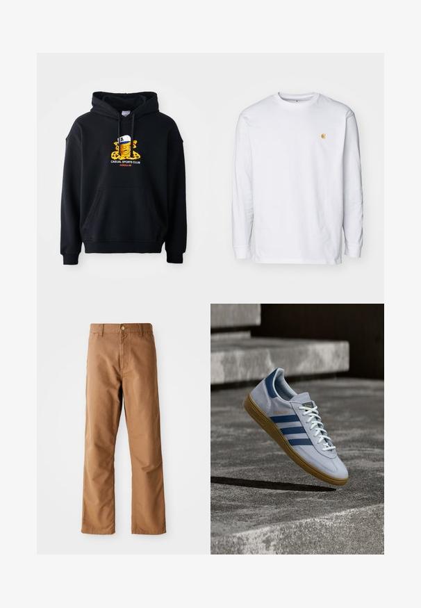 Sort hættetrøje i bomuld, prydet med et farverigt grafik af en karakter med kasket. Inkluderer en frontkangaroo-lomme og ribbestrikkede manchetter.; Hvid langærmet t-shirt lavet af bomuld. Har et lille gyldent logo på brystet og en rund halsudskæring. Enkel design og standard pasform.; Brune lige ben bukser med bæltestropper, forlommer, knaplukning og lynlåsgylp på hvid baggrund.; Lyseblå Adidas Spezial sneakers med marineblå striber og gummisål, vist i luften over betontrapper i et neutralt udendørsmiljø.