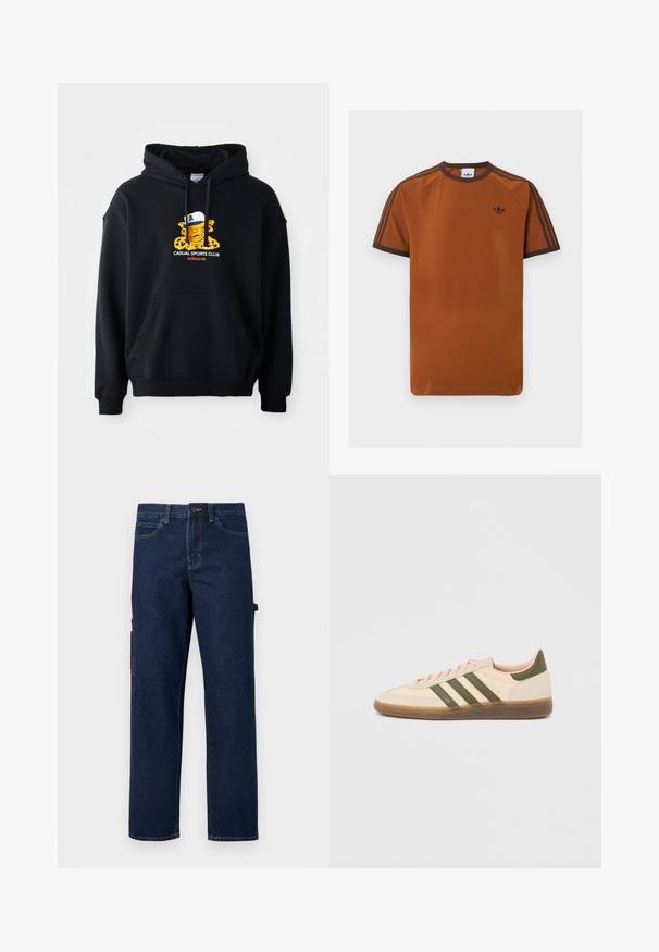Musta huppari puuvillasta, jossa on värikäs graafinen kuva hahmosta lippis päässään. Mukana etupussin tasku ja kuminauhakujat hihansuissa.; Ruskea Adidas lyhythihainen T-paita, jossa tummanruskea kaulus, hihansuut, kolmet raidat olkapäillä ja Adidas-logo vasemmassa rinnassa.; Tummansiniset farkkukangaskargohousut suorilla lahkeilla, sivutaskuilla ja kontrastisaumoilla. Varustettu napin suljennalla ja vyölenkeillä.; Matala profiilinen beige Adidas Spezial -lenkkarit vihreillä raidoilla, kumipohjalla ja "SPEZIAL"-logolla sivussa, kuvattuna ulkopuolelta.
