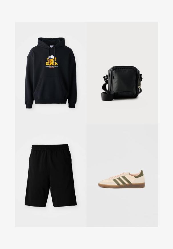 Sort hættetrøje i bomuld, prydet med et farverigt grafik af en karakter med kasket. Inkluderer en frontkangaroo-lomme og ribbestrikkede manchetter.; Sorte atletiske shorts lavet af syntetisk materiale, med en elastisk talje og sidelommer. Glat tekstur uden synlige mønstre.; Beige Adidas Spezial sneaker med lav profil, grønne striber, gummisål og "SPEZIAL"-branding på siden, vist fra ydersiden.; Sort kompakt crossbody taske med front lynlåslomme, justerbar rem og tekstureret stof mod en ensfarvet baggrund.