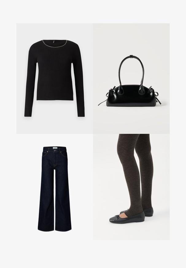 Top noir à manches longues côtelé avec un col rond et une légère touche métallique le long du col. Texture douce, design ajusté.; Jean en denim bleu foncé à jambes larges avec bouton et fermeture éclair à l'avant, passants de ceinture et poches avant, présenté sur fond blanc.; Jambes portant des leggings côtelés foncés associés à des ballerines noires avec de petits détails en nœud sur fond blanc.; Petit sac à main noir brillant avec deux longues anses et des détails à cordon sur les côtés sur un fond clair uni.