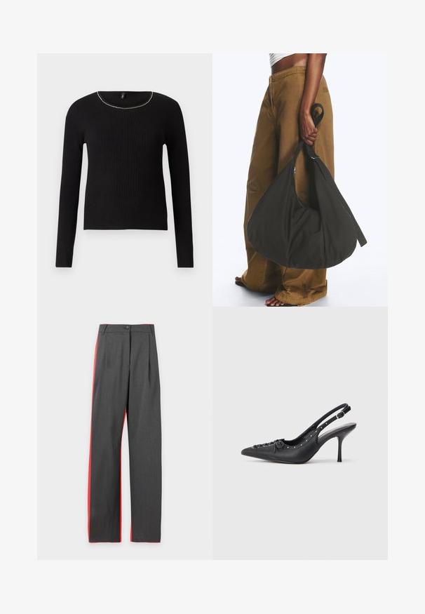 Top noir à manches longues côtelé avec un col rond et une légère touche métallique le long du col. Texture douce, design ajusté.; Pantalon droit gris foncé, coupe slim, avec fermeture par bouton et zip, et bandes latérales rouges sur fond blanc.; Escarpin en cuir noir à talon aiguille avec un bout pointu, une bride latérale à boucle, des clous le long du bord et un laçage décoratif à l'avant.; Personne portant un pantalon marron à jambes larges et un haut blanc tenant un grand sac à main noir souple par sa lanière à côté d'elle.
