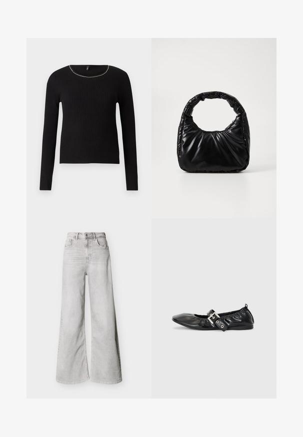 Top noir à manches longues côtelé avec un col rond et une légère touche métallique le long du col. Texture douce, design ajusté.; Jeans larges gris clair en jean, avec une taille haute, des poches avant et une fermeture à boutons. Texture lisse avec un léger aspect délavé.; Chaussure plate en cuir noir avec un nez pointu, des détails froncés autour de l'ouverture et un accent en boucle argentée sur la bride ajustable.; Sac à main noir rembourré avec une poignée arrondie, présentant une surface lisse et brillante ainsi qu'une texture douce et matelassée. Pas de quincaillerie ou d'accents visibles.