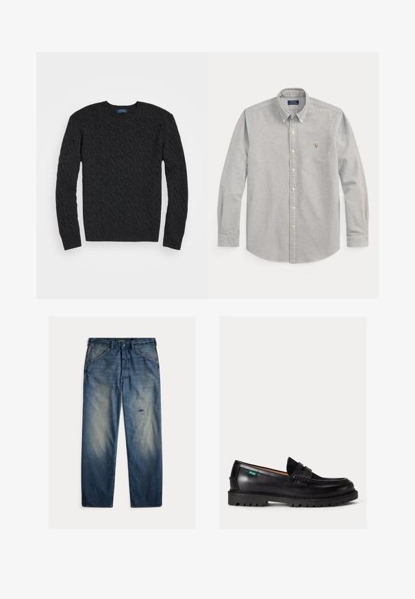 Mørkegrå kabelstrik sweater med lange ærmer, rund hals og ribbede manchetter og kant. Fremstillet af et struktureret stof for varme.; Lysegrå langærmet knappeskjorte med krave og lille broderet logo på venstre bryst fra Polo Ralph Lauren.; Blå denimjeans med afslappet pasform, der har falmede områder, en lap på venstre lår og synligt søm detaljer.; Sort læderloafer med chunky sål, rundet tå og grøn Polo-logo tag på siden.