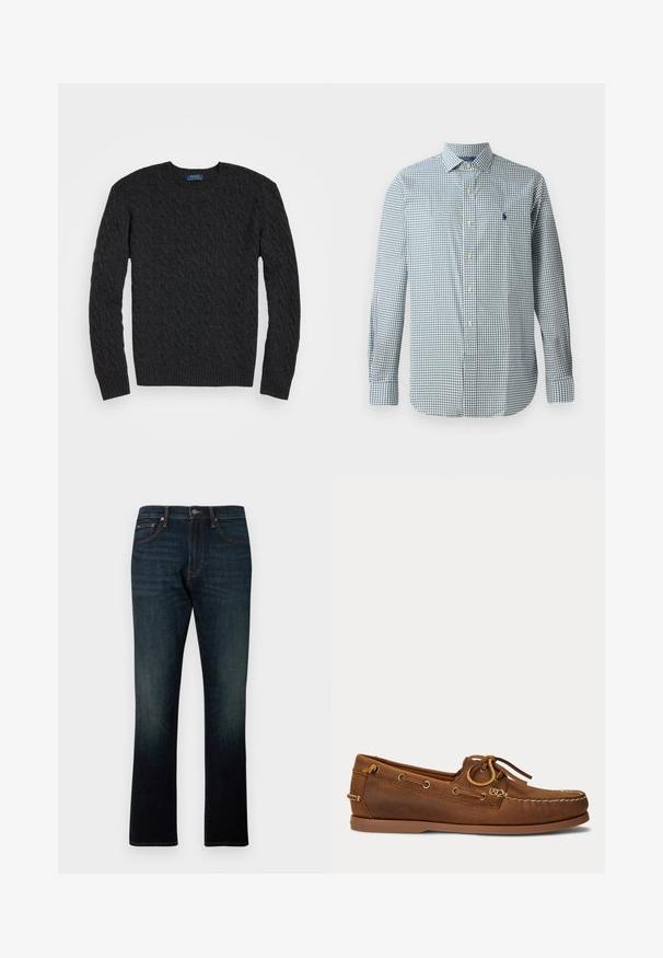 Mørkegrå kabelstrik sweater med lange ærmer, rund hals og ribbede manchetter og kant. Fremstillet af et struktureret stof for varme.; Button-up skjorte i blå og hvid ternet mønster, lange ærmer, klassisk krave, med et lille broderet emblem på brystet.; Mørkeblå straight-leg denim jeans med fem lommer og orange syninger, vist fladt på en hvid baggrund.; Brun læder bådsko med mokasinsyning, snøredetalje træde gennem metaløjer og flad gummi sål vist fra siden.