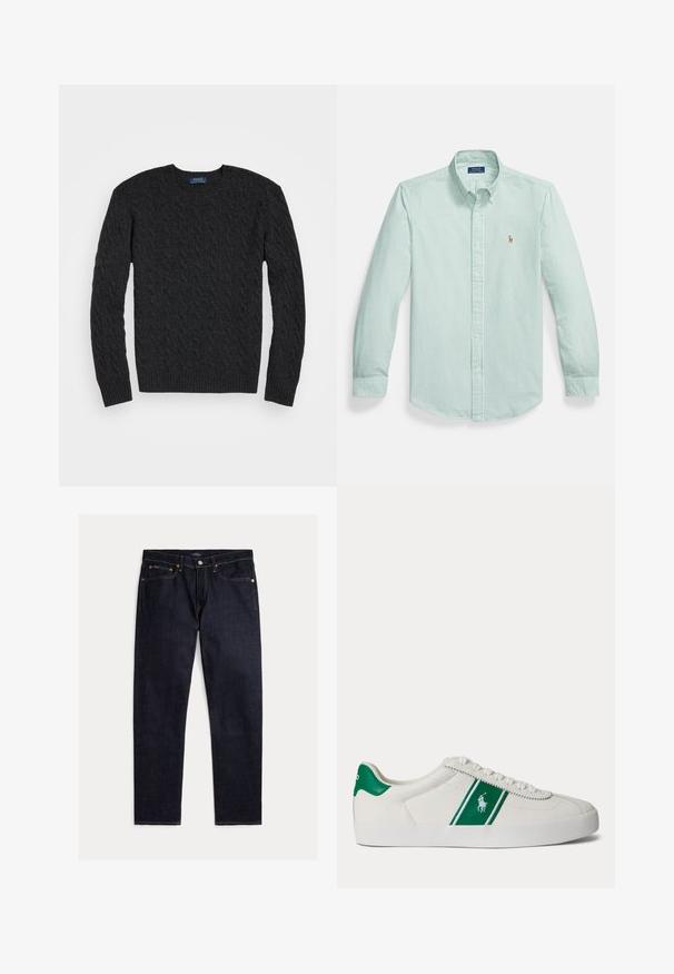Mørkegrå kabelstrik sweater med lange ærmer, rund hals og ribbede manchetter og kant. Fremstillet af et struktureret stof for varme.; Lysegrøn skjorte med knapper, der har hvide lodrette striber, spids krave og et lille broderet logo på brystet.; Mørk indigoblå jeans med lige ben, fem lommer, knap- og lynlås lukning samt kontrastfulde orange syninger på en ensfarvet baggrund.; Hvid low-top sneaker med grøn stribe og Polo-logo på siden, grøn hæl-flik og hvide snørebånd, vist fra venstre side på ensfarvet baggrund.