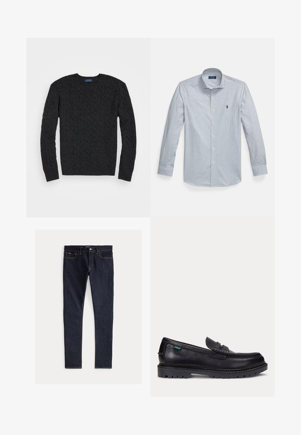 Mørkegrå kabelstrik sweater med lange ærmer, rund hals og ribbede manchetter og kant. Fremstillet af et struktureret stof for varme.; Skjorte med knapper i blå og hvid gingham-mønster, bomuldsmateriale, lange ærmer og klassisk krave. Logo broderet på brystet.; Mørkeblå denimjeans med slim fit, som har fem lommer, gule sømme og en knaplukning i taljen. Glat tekstur.; Sort læderloafer med tyk, mønstret sål og lille grøn "Polo"-mærke på ydersiden nær hælen.