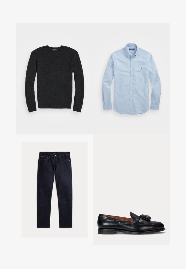 Pull en laine grise foncée avec un tricot torsadé, des manches longues, un col rond et des poignets et un ourlet côtelés. Fabriqué en tissu texturé pour la chaleur.; Chemise bleu clair à manches longues, en coton, avec un col classique et un petit logo rouge brodé sur la poitrine.; Jean droit indigo foncé avec cinq poches, fermeture par bouton et zip, et couture orange contrastante sur fond uni.; Mocassin en cuir noir avec détail pompon et petit talon, vu de côté sur un fond uni.