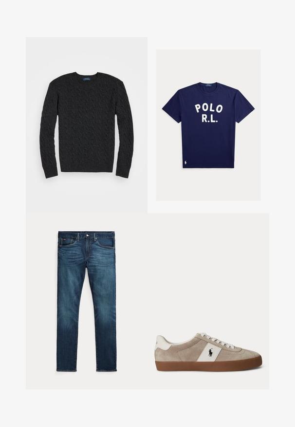 Mørkegrå kabelstrik sweater med lange ærmer, rund hals og ribbede manchetter og kant. Fremstillet af et struktureret stof for varme.; Marineblå kortærmet crewneck t-shirt med teksten "POLO R.L." i hvid på forsiden og lille hvid Polo-logo nær kanten.; Mørkeblå slim-fit jeans med frontknap og lynlås, fem lommer og subtil falmen på forreste lår og knæ.; Beige ruskind lav-top sneaker med hvide snørebånd, hvid læder accent med sort hest logo og brun gummisål.