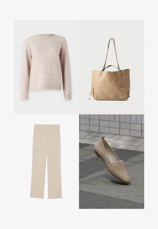 Pull léger rose fabriqué en tricot doux, avec un col rond, des manches longues, et des bords côtelés aux poignets et en bas. Fini simple et texturé.; Pantalons larges beige avec une texture lisse, présentant une coupe ajustée, deux poches avant et un léger pli le long des jambes.; Chaussure plate beige en matière douce, avec un bout pointu et un design minimaliste. Comprend un petit talon et une boucle à l'arrière.; Sac cabas en cuir beige avec deux longues bandoulières, une surface texturée et un design minimaliste. Il comporte une ouverture supérieure et des liens latéraux.
