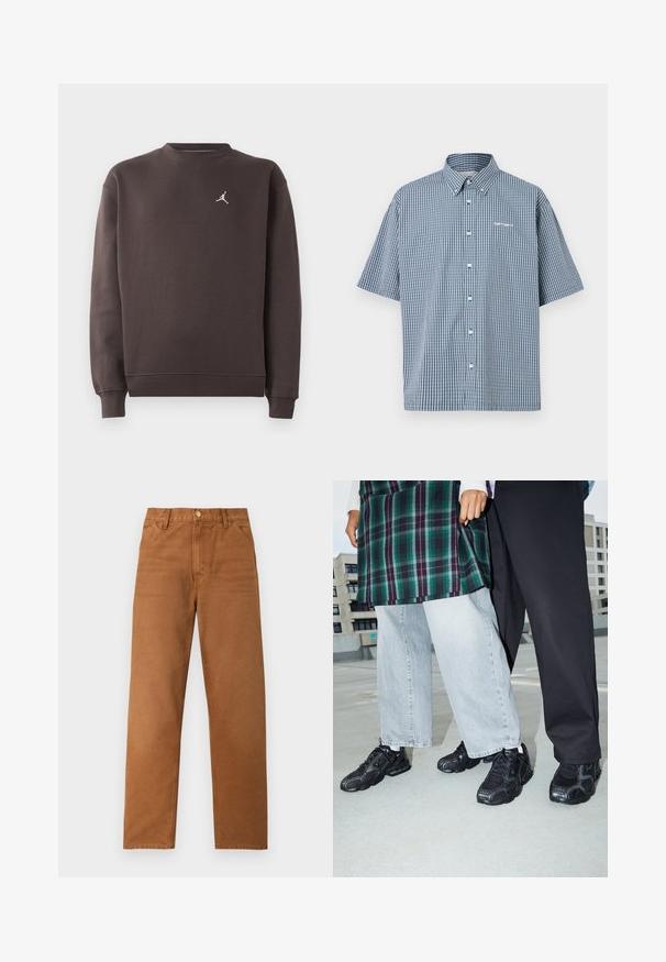 Mørkebrun langærmet sweatshirts med rund hals og lille hvid Jumpman-logo på venstre bryst, ribbede manchetter og kant.; Kortærmet skjorte i blåt og hvidt gingham-mønster, med en button-down krave og frontstykke med knapper. Tekstlogo på brystet.; Brune bukser med lige ben, bæltestropper, forlommer og knaplukning, vist på en ensartet lys baggrund.; Sorte atletik sko med mesh- og gummidetaljer. Båret med lysegrå vide jeans og en ternet grøn bluse. Flad overflade i baggrunden.