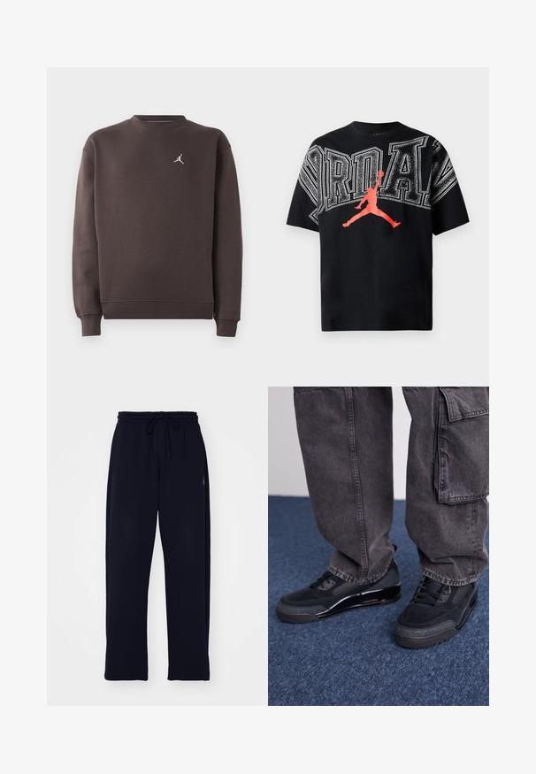 Mørkebrun langærmet sweatshirts med rund hals og lille hvid Jumpman-logo på venstre bryst, ribbede manchetter og kant.; Sort bomulds T-shirt med fed hvid "JORDAN" tekst og rød silhuetgrafik af en basketballspiller i et spring. Rund hals, korte ærmer.; Sorte sweatpants lavet af blødt materiale. Har en elastisk talje med snoretræk og sidelommer. Lige ben design.; Sorte sportsko med en struktureret overflade, glatte detaljer og en kraftig sål, der er parret med mørke, løstsiddende cargo-bukser.