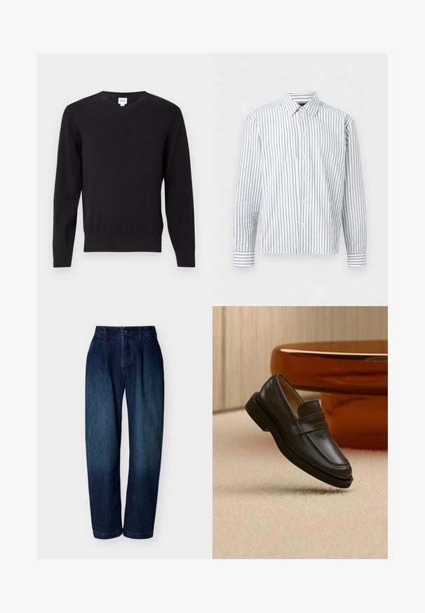 Pull noir à col en V avec manches longues, en tissu lisse. Présente des poignets et un ourlet côtelés, avec l'étiquette de la marque à l'intérieur du col. Coupe standard.; Chemise blanche à manches longues avec boutons, rayures fines noires verticales et col pointu, présentée à plat sur un fond blanc.; Jean droit taille haute bleu foncé avec fermeture par bouton et fermeture éclair, passants de ceinture et détails de couture subtils sur fond blanc.; Mocassin en cuir noir flottant au-dessus d'un tapis beige avec des meubles arrondis marron en arrière-plan.