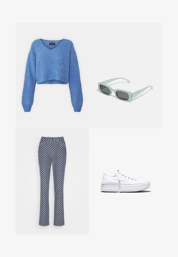 Pull cropped bleu avec un décolleté en V, texture côtelée et manches longues. Fabriqué dans un matériau doux. Étiquette : even&odd.; Envii KATRINE PANTS - Pantalon classique - mottled blue; Baskets basses blanches en toile avec semelle plateforme épaisse, lacets sur le devant et embout en caoutchouc texturé, vues de profil.; Une paire de lunettes de soleil rectangulaires avec des montures translucides bleu clair et des verres gris foncé, présentant des branches droites et des détails matériels minimaux.