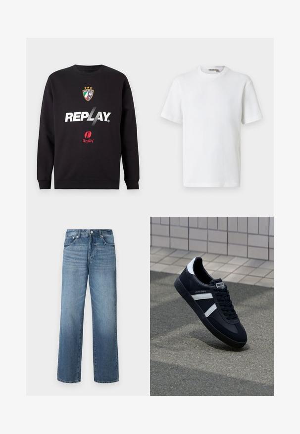 Sweatshirt noir avec le logo "REPLAY" et le blason de Replay FC, affichant trois étoiles et les couleurs du drapeau italien au centre avant.; T-shirt blanc à manches courtes en maille gaufrée avec col rond, petite étiquette de marque à l'intérieur du col, présenté sur un fond uni.; Jean en denim bleu avec une coupe droite, présentant un délavage, des passants de ceinture, cinq poches et une fermeture à bouton classique.; Sneaker en cuir noir avec des rayures blanches, semelle en caoutchouc texturée et devant à lacets. Présente une étiquette de marque sur la languette.