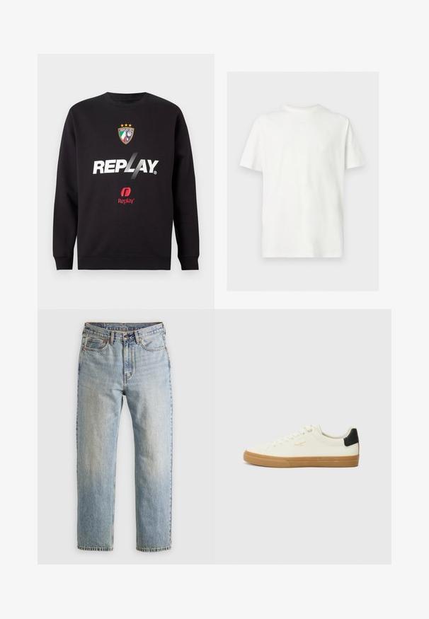 Sweatshirt noir avec le logo "REPLAY" et le blason de Replay FC, affichant trois étoiles et les couleurs du drapeau italien au centre avant.; T-shirt blanc à manches courtes avec col rond et coupe décontractée sur un fond uni clair.; Jean en denim bleu clair à taille haute, avec bouton avant, fermeture éclair et design à cinq poches, posé à plat sur un fond neutre.; Sneaker en toile blanche avec une semelle en gomme, accent au talon noir, bout rond et design à lacets. Présente le logo de la marque en doré sur le côté.