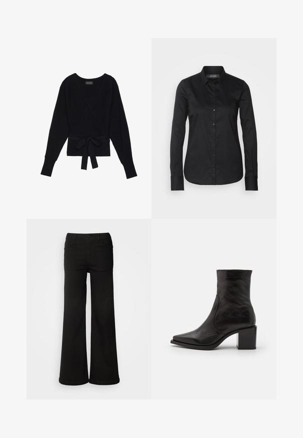 Suéter negro de manga larga con estilo envolvente, con textura acanalada y un cinturón de tela atado en forma de lazo en la cintura.; Mos Mosh TILDA SHIRT - Blusa - black; Pantalones de pierna ancha negros hechos de tela de mezclilla, que cuentan con bolsillos frontales, cierre de botón y una textura suave con un acabado limpio.; Botín de cuero negro hasta el tobillo con punta cuadrada y tacón cuadrado. El diseño presenta una textura suave y detalles de costura mínimos.