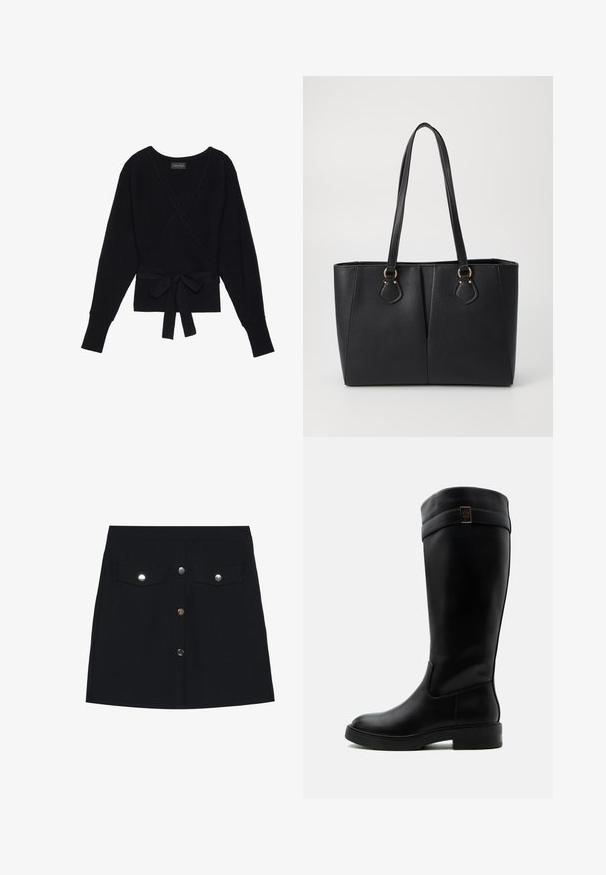 Suéter negro de manga larga con estilo envolvente, con textura acanalada y un cinturón de tela atado en forma de lazo en la cintura.; Mini falda de mezclilla negra con corte recto, que presenta dos bolsillos en el pecho, cinco cierres de botones plateados en la parte delantera y una textura suave.; Bota alta de cuero negro con tacón bajo y una correa decorativa con un emblema metálico cerca de la parte superior, mostrada de lado sobre un fondo blanco.; Bolso tote de cuero sintético negro con un acabado texturizado, dos asas largas y detalles en tono dorado en el lateral. Forma rectangular.